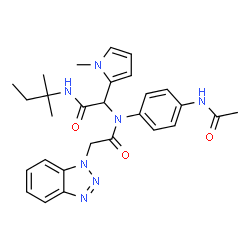 ChemSpider 2D Image | N-(4-Acetamidophenyl)-2-(1H-benzotriazol-1-yl)-N-{2-[(2-methyl-2-butanyl)amino]-1-(1-methyl-1H-pyrrol-2-yl)-2-oxoethyl}acetamide | C28H33N7O3