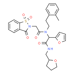ChemSpider 2D Image | 2-(1,1-Dioxido-3-oxo-1,2-benzothiazol-2(3H)-yl)-N-{1-(2-furyl)-2-oxo-2-[(tetrahydro-2-furanylmethyl)amino]ethyl}-N-[2-(2-methylphenyl)ethyl]acetamide | C29H31N3O7S