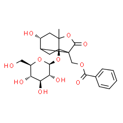 ChemSpider 2D Image | [(1R,4R)-1-(beta-D-Glucopyranosyloxy)-4-hydroxy-6-methyl-8-oxo-7-oxatricyclo[4.3.0.0~3,9~]non-9-yl]methyl benzoate | C23H28O11