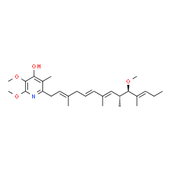 ChemSpider 2D Image | 2,3-Dimethoxy-6-[(2E,5E,7E,9R,10R,11E)-10-methoxy-3,7,9,11-tetramethyl-2,5,7,11-tetradecatetraen-1-yl]-5-methyl-4-pyridinol | C27H41NO4