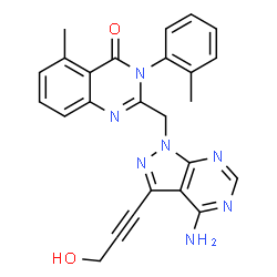 ChemSpider 2D Image | 2-{[4-Amino-3-(3-hydroxy-1-propyn-1-yl)-1H-pyrazolo[3,4-d]pyrimidin-1-yl]methyl}-5-methyl-3-(2-methylphenyl)-4(3H)-quinazolinone | C25H21N7O2