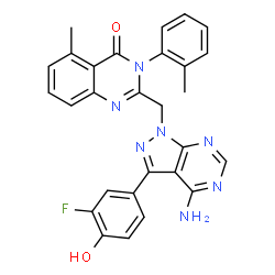 ChemSpider 2D Image | 2-{[4-Amino-3-(3-fluoro-4-hydroxyphenyl)-1H-pyrazolo[3,4-d]pyrimidin-1-yl]methyl}-5-methyl-3-(2-methylphenyl)-4(3H)-quinazolinone | C28H22FN7O2