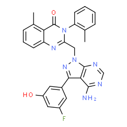ChemSpider 2D Image | 2-{[4-Amino-3-(3-fluoro-5-hydroxyphenyl)-1H-pyrazolo[3,4-d]pyrimidin-1-yl]methyl}-5-methyl-3-(2-methylphenyl)-4(3H)-quinazolinone | C28H22FN7O2