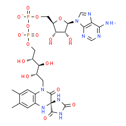 ChemSpider 2D Image | [[(2R,3S,4R,5R)-5-(6-aminopurin-9-yl)-3,4-dihydroxy-tetrahydrofuran-2-yl]methoxy-oxido-phosphoryl] [(2R,3S,4S)-5-[(3R)-6,7-dimethyl-2,2',5'-trioxo-spiro[4H-quinoxaline-3,4'-imidazolidine]-1-yl]-2,3,4-trihydroxy-pentyl] phosphate | C27H33N9O16P2