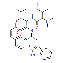 ChemSpider 2D Image | N-[(10Z)-7-(1H-Indol-3-ylmethyl)-3-isopropyl-5,8-dioxo-2-oxa-6,9-diazabicyclo[10.2.2]hexadeca-1(14),10,12,15-tetraen-4-yl]-N~2~,N~2~-dimethylisoleucinamide | C33H43N5O4