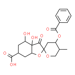 ChemSpider 2D Image | 4'-(Benzoyloxy)-3a,4-dihydroxy-5'-methyl-3-oxodecahydro-3H-spiro[1-benzofuran-2,2'-pyran]-6-carboxylic acid | C21H24O9