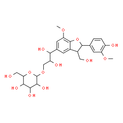 ChemSpider 2D Image | 2,3-Dihydroxy-3-[2-(4-hydroxy-3-methoxyphenyl)-3-(hydroxymethyl)-7-methoxy-2,3-dihydro-1-benzofuran-5-yl]propyl hexopyranoside | C26H34O13