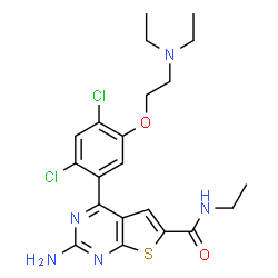 ChemSpider 2D Image | 2-Amino-4-{2,4-dichloro-5-[2-(diethylamino)ethoxy]phenyl}-N-ethylthieno[2,3-d]pyrimidine-6-carboxamide | C21H25Cl2N5O2S