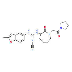 ChemSpider 2D Image | 1-Cyano-2-(2-Methyl-1-Benzofuran-5-Yl)-3-[(3s)-2-Oxo-1-(2-Oxo-2-Pyrrolidin-1-Ylethyl)azepan-3-Yl]guanidine | C23H28N6O3