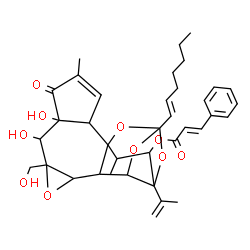 ChemSpider 2D Image | 14-[(1E)-1-Hepten-1-yl]-6,7-dihydroxy-8-(hydroxymethyl)-16-isopropenyl-4,18-dimethyl-5-oxo-9,13,15,19-tetraoxahexacyclo[12.4.1.0~1,11~.0~2,6~.0~8,10~.0~12,16~]nonadec-3-en-17-yl (2E)-3-phenylacrylate | C37H44O10