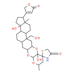 ChemSpider 2D Image | 3a,11a-Dihydroxy-13a-(hydroxymethyl)-9,15a-dimethyl-1-(5-oxo-2,5-dihydro-3-furanyl)icosahydro-1H,4'H-spiro[cyclopenta[7,8]phenanthro[2,3-b]pyrano[3,2-e][1,4]dioxine-11,2'-[1,3]thiazolidin]-4'-one | C31H43NO9S