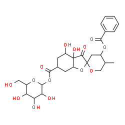 ChemSpider 2D Image | 1-O-{[4'-(Benzoyloxy)-3a,4-dihydroxy-5'-methyl-3-oxodecahydro-3H-spiro[1-benzofuran-2,2'-pyran]-6-yl]carbonyl}hexopyranose | C27H34O14