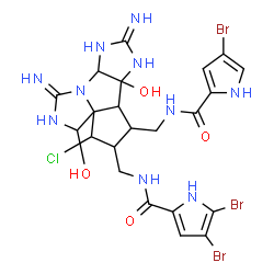 ChemSpider 2D Image | 4,5-Dibromo-N-{[1,8-diamino-6-({[(4-bromo-1H-pyrrol-2-yl)carbonyl]amino}methyl)-4-chloro-3,6b-dihydroxy-5,6,6a,6b,7,9a-hexahydro-3H,4H-cyclopenta[2,3]imidazo[4',5':4,5]pyrrolo[1,2-c]imidazol-5-yl]meth
yl}-1H-pyrrole-2-carboxamide | C22H24Br3ClN10O4