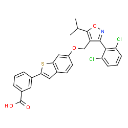 ChemSpider 2D Image | 3-(6-{[3-(2,6-Dichlorophenyl)-5-isopropyl-1,2-oxazol-4-yl]methoxy}-1-benzothiophen-2-yl)benzoic acid | C28H21Cl2NO4S