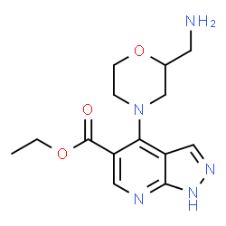 ChemSpider 2D Image | Ethyl 4-[2-(aminomethyl)-4-morpholinyl]-1H-pyrazolo[3,4-b]pyridine-5-carboxylate | C14H19N5O3