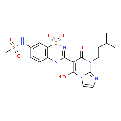 ChemSpider 2D Image | N-{3-[5-Hydroxy-8-(3-methylbutyl)-7-oxo-7,8-dihydroimidazo[1,2-a]pyrimidin-6-yl]-1,1-dioxido-2H-1,2,4-benzothiadiazin-7-yl}methanesulfonamide | C19H22N6O6S2