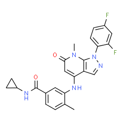 ChemSpider 2D Image | N-Cyclopropyl-3-{[1-(2,4-difluorophenyl)-7-methyl-6-oxo-6,7-dihydro-1H-pyrazolo[3,4-b]pyridin-4-yl]amino}-4-methylbenzamide | C24H21F2N5O2