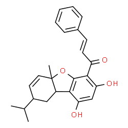 ChemSpider 2D Image | (2E)-1-(1,3-Dihydroxy-8-isopropyl-5a-methyl-5a,8,9,9a-tetrahydrodibenzo[b,d]furan-4-yl)-3-phenyl-2-propen-1-one | C25H26O4