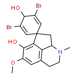 ChemSpider 2D Image | 3,5-Dibromo-5'-methoxy-1'-methyl-2',3',8',8a'-tetrahydro-1'H-spiro[cyclohexa-2,5-diene-1,7'-cyclopenta[ij]isoquinoline]-4,6'-diol | C18H19Br2NO3