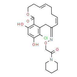 ChemSpider 2D Image | (5E,9Z,11E)-13-Chloro-14,16-dihydroxy-11-{[2-oxo-2-(1-piperidinyl)ethoxy]imino}-3,4,7,8,11,12-hexahydro-1H-2-benzoxacyclotetradecin-1-one | C24H29ClN2O6
