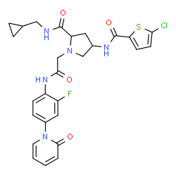 ChemSpider 2D Image | 4-{[(5-Chloro-2-thienyl)carbonyl]amino}-N-(cyclopropylmethyl)-1-(2-{[2-fluoro-4-(2-oxo-1(2H)-pyridinyl)phenyl]amino}-2-oxoethyl)prolinamide | C27H27ClFN5O4S