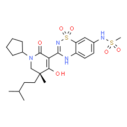 ChemSpider 2D Image | N-{3-[(5R)-1-Cyclopentyl-4-hydroxy-5-methyl-5-(3-methylbutyl)-2-oxo-1,2,5,6-tetrahydro-3-pyridinyl]-1,1-dioxido-2H-1,2,4-benzothiadiazin-7-yl}methanesulfonamide | C24H34N4O6S2