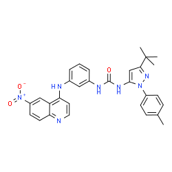 ChemSpider 2D Image | 1-[3-tert-butyl-1-(4-methylphenyl)-1H-pyrazol-5-yl]-3-{3-[(6-nitroquinolin-4-yl)amino]phenyl}urea | C30H29N7O3