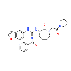 ChemSpider 2D Image | N-{[(2-Methyl-1-benzofuran-5-yl)amino]({(3S)-2-oxo-1-[2-oxo-2-(1-pyrrolidinyl)ethyl]-3-azepanyl}amino)methylene}nicotinamide | C28H32N6O4