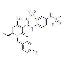 ChemSpider 2D Image | N-{3-[(6S)-6-Ethyl-1-(4-fluorobenzyl)-4-hydroxy-2-oxo-1,2,5,6-tetrahydro-3-pyridinyl]-1,1-dioxido-2H-1,2,4-benzothiadiazin-7-yl}methanesulfonamide | C22H23FN4O6S2
