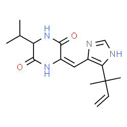 ChemSpider 2D Image | (6E)-3-Isopropyl-6-{[4-(2-methyl-3-buten-2-yl)-1H-imidazol-5-yl]methylene}-2,5-piperazinedione | C16H22N4O2