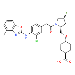 ChemSpider 2D Image | trans-4-{[(2S,4S)-1-({3-Chloro-4-[(4-methyl-1,3-benzoxazol-2-yl)amino]phenyl}acetyl)-4-fluoro-2-pyrrolidinyl]methoxy}cyclohexanecarboxylic acid | C28H31ClFN3O5