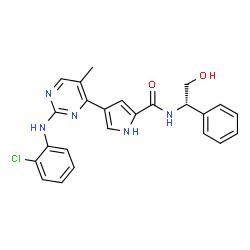 ChemSpider 2D Image | 4-{2-[(2-Chlorophenyl)amino]-5-methyl-4-pyrimidinyl}-N-[(1S)-2-hydroxy-1-phenylethyl]-1H-pyrrole-2-carboxamide | C24H22ClN5O2