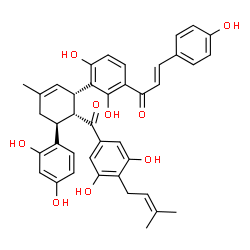 ChemSpider 2D Image | (2E)-1-{3-[(1S,5S,6R)-6-[3,5-Dihydroxy-4-(3-methyl-2-buten-1-yl)benzoyl]-5-(2,4-dihydroxyphenyl)-3-methyl-2-cyclohexen-1-yl]-2,4-dihydroxyphenyl}-3-(4-hydroxyphenyl)-2-propen-1-one | C40H38O9