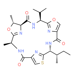 ChemSpider 2D Image | (4S,7R,8S,11S,18R)-18-[(2S)-2-Butanyl]-11-isopropyl-4,7-dimethyl-6,13-dioxa-20-thia-3,10,17,22,23,24-hexaazatetracyclo[17.2.1.1~5,8~.1~12,15~]tetracosa-1(21),5(24),12(23),14,19(22)-pentaene-2,9,16-tri
one | C24H32N6O5S