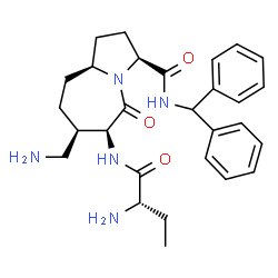 ChemSpider 2D Image | (3S,6S,7R,9aS)-6-{[(2S)-2-Aminobutanoyl]amino}-7-(aminomethyl)-N-(diphenylmethyl)-5-oxooctahydro-1H-pyrrolo[1,2-a]azepine-3-carboxamide | C28H37N5O3