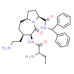 ChemSpider 2D Image | (3S,6S,7R,9aS)-6-{[(2S)-2-Aminobutanoyl]amino}-7-(2-aminoethyl)-N-(diphenylmethyl)-5-oxooctahydro-1H-pyrrolo[1,2-a]azepine-3-carboxamide | C29H39N5O3
