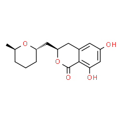ChemSpider 2D Image | (3R)-6,8-Dihydroxy-3-{[(2S,6R)-6-methyltetrahydro-2H-pyran-2-yl]methyl}-3,4-dihydro-1H-isochromen-1-one | C16H20O5