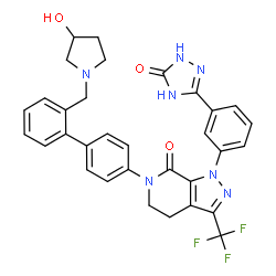 ChemSpider 2D Image | 6-{2'-[(3-Hydroxy-1-pyrrolidinyl)methyl]-4-biphenylyl}-1-[3-(5-oxo-2,5-dihydro-1H-1,2,4-triazol-3-yl)phenyl]-3-(trifluoromethyl)-1,4,5,6-tetrahydro-7H-pyrazolo[3,4-c]pyridin-7-one | C32H28F3N7O3