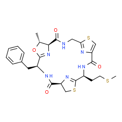 ChemSpider 2D Image | (1R,4S,7R,8S,18S)-4-Benzyl-7-methyl-18-[2-(methylsulfanyl)ethyl]-6-oxa-13,20-dithia-3,10,17,22,23,24-hexaazatetracyclo[17.2.1.1~5,8~.1~12,15~]tetracosa-5(24),12(23),14,19(22)-tetraene-2,9,16-trione | C26H30N6O4S3