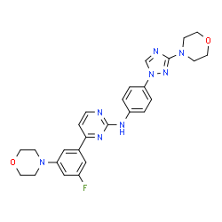 ChemSpider 2D Image | 4-[3-fluoro-5-(4-morpholinyl)phenyl]-N-[4-[3-(4-morpholinyl)-1,2,4-triazol-1-yl]phenyl]-2-pyrimidinamine | C26H27FN8O2