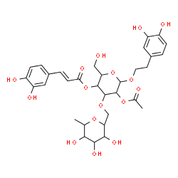 ChemSpider 2D Image | 5-Acetoxy-6-[2-(3,4-dihydroxyphenyl)ethoxy]-2-(hydroxymethyl)-4-[(3,4,5-trihydroxy-6-methyltetrahydro-2H-pyran-2-yl)methoxy]tetrahydro-2H-pyran-3-yl (2E)-3-(3,4-dihydroxyphenyl)acrylate (non-preferred
 name) | C32H40O16