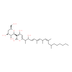 ChemSpider 2D Image | (2S,3R,4S,6S)-3,4,4'-Trihydroxy-6-(hydroxymethyl)-6'-[(4E,6E,9Z)-3-hydroxy-6,8,10,12-tetramethyl-4,6,9-octadecatrien-2-yl]-3,4,5,6-tetrahydro-2H,2'H-2,3'-bipyran-2'-one | C33H52O8