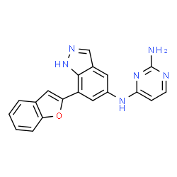 ChemSpider 2D Image | N~4~-[7-(1-Benzofuran-2-yl)-1H-indazol-5-yl]-2,4-pyrimidinediamine | C19H14N6O
