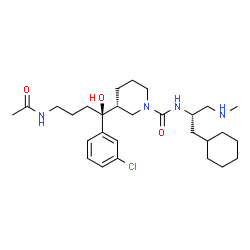 ChemSpider 2D Image | (3R)-3-[(1S)-4-Acetamido-1-(3-chlorophenyl)-1-hydroxybutyl]-N-[(2S)-1-cyclohexyl-3-(methylamino)-2-propanyl]-1-piperidinecarboxamide | C28H45ClN4O3
