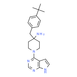 ChemSpider 2D Image | 4-[4-(2-Methyl-2-propanyl)benzyl]-1-(7H-pyrrolo[2,3-d]pyrimidin-4-yl)-4-piperidinamine | C22H29N5