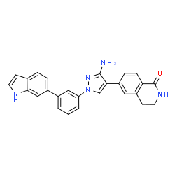 ChemSpider 2D Image | 6-{3-Amino-1-[3-(1H-indol-6-yl)phenyl]-1H-pyrazol-4-yl}-3,4-dihydro-1(2H)-isoquinolinone | C26H21N5O