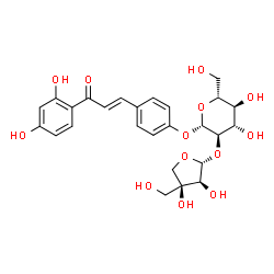 ChemSpider 2D Image | 4-[(1E)-3-(2,4-Dihydroxyphenyl)-3-oxo-1-propen-1-yl]phenyl 2-O-[(2R,3S,4S)-3,4-dihydroxy-4-(hydroxymethyl)tetrahydro-2-furanyl]-beta-D-glucopyranoside | C26H30O13