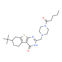 ChemSpider 2D Image | 7-(2-Methyl-2-propanyl)-2-[(4-pentanoyl-1-piperazinyl)methyl]-5,6,7,8-tetrahydro[1]benzothieno[2,3-d]pyrimidin-4(3H)-one | C24H36N4O2S