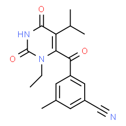 ChemSpider 2D Image | 3-[(3-Ethyl-5-isopropyl-2,6-dioxo-1,2,3,6-tetrahydro-4-pyrimidinyl)carbonyl]-5-methylbenzonitrile | C18H19N3O3