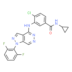 ChemSpider 2D Image | 4-Chloro-N-cyclopropyl-3-{[1-(2,6-difluorophenyl)-1H-pyrazolo[3,4-d]pyridazin-4-yl]amino}benzamide | C21H15ClF2N6O